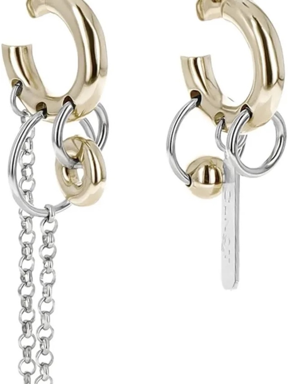 Mixed Metal Hoop Earrings with Dangling Chain and Charm - Gold & Silver